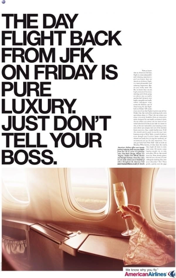Airlines creative ad: Exceptional luxury visual with witty workplace copy