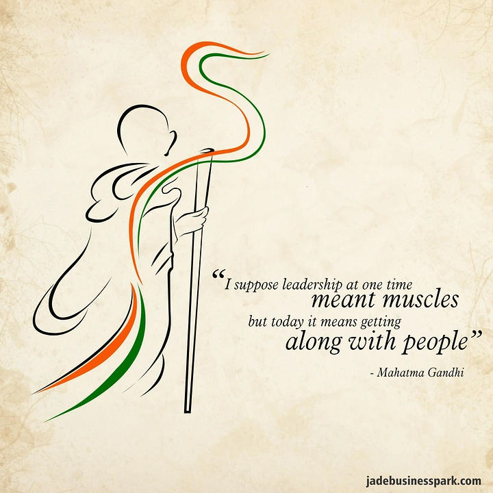 Gandhi Jayanti creative ad: Calligraphic line-art Gandhi with a staff and flowing tricolour ribbons