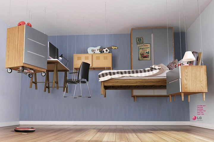 Home Appliances creative ad: Furniture lifted for robot vacuum