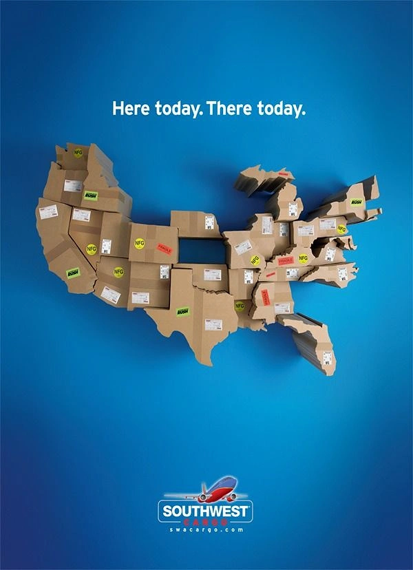 Logistics creative ad: Map of the USA built from cardboard shipping boxes shaped like states