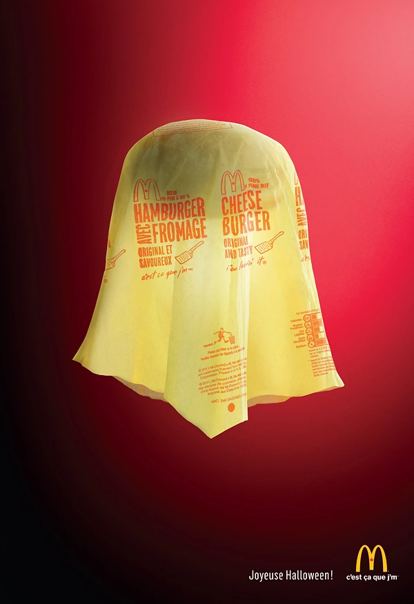 Halloween creative ad: Burger wrapper draped like a ghost sheet