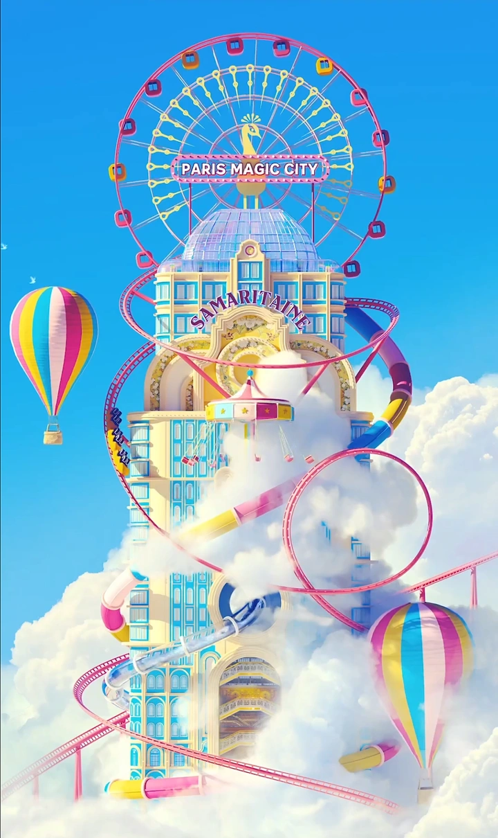 Amusement & Water Parks creative ad: Park rides stacked as cloud tower