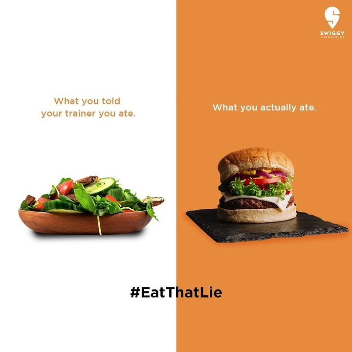 Salad Bars & Healthy Restaurants creative ad: Trainer lie versus burger reveal