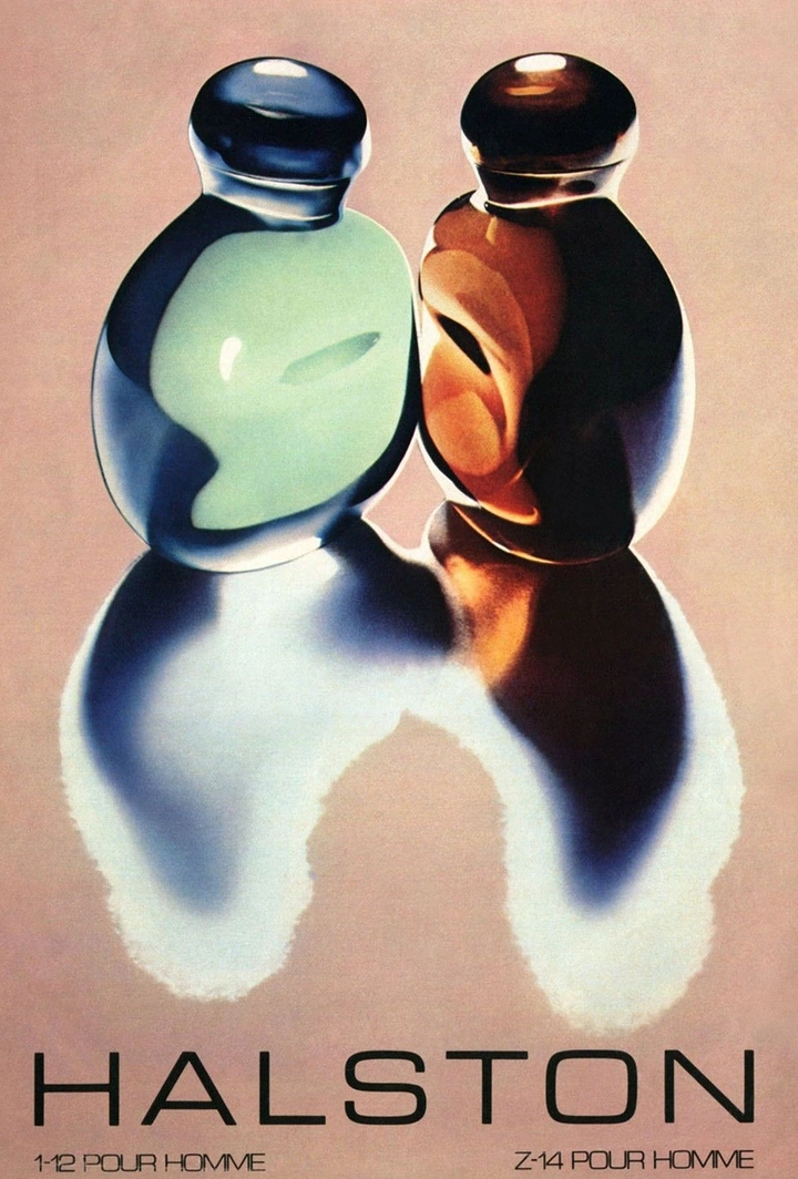 Creative ad: Two pebble-shaped cologne bottles, green and amber, with long mirrored reflections