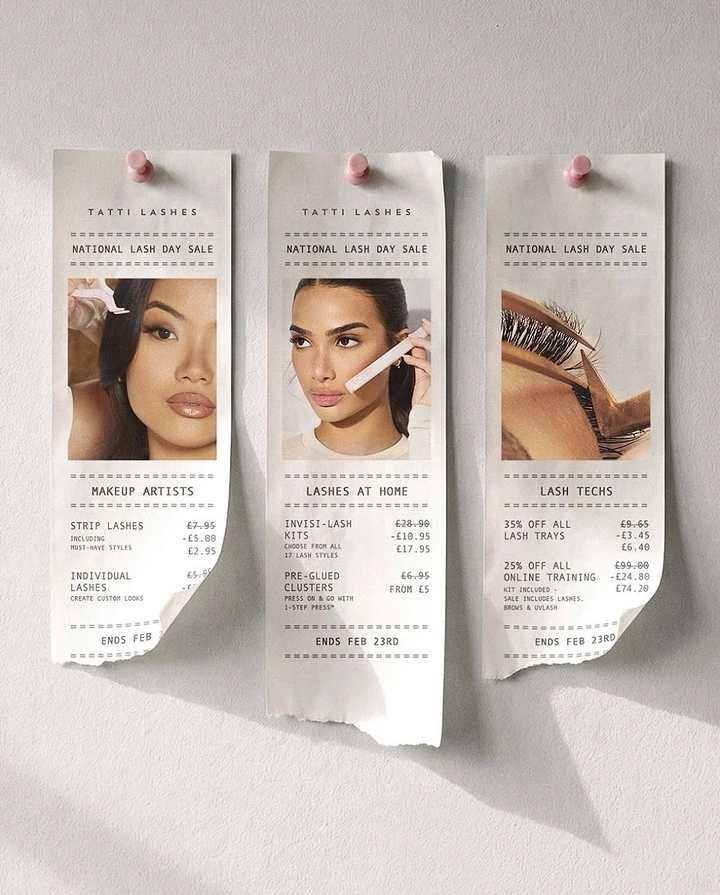 other-festival creative ad: Three pinned shop receipts listing lash sale prices