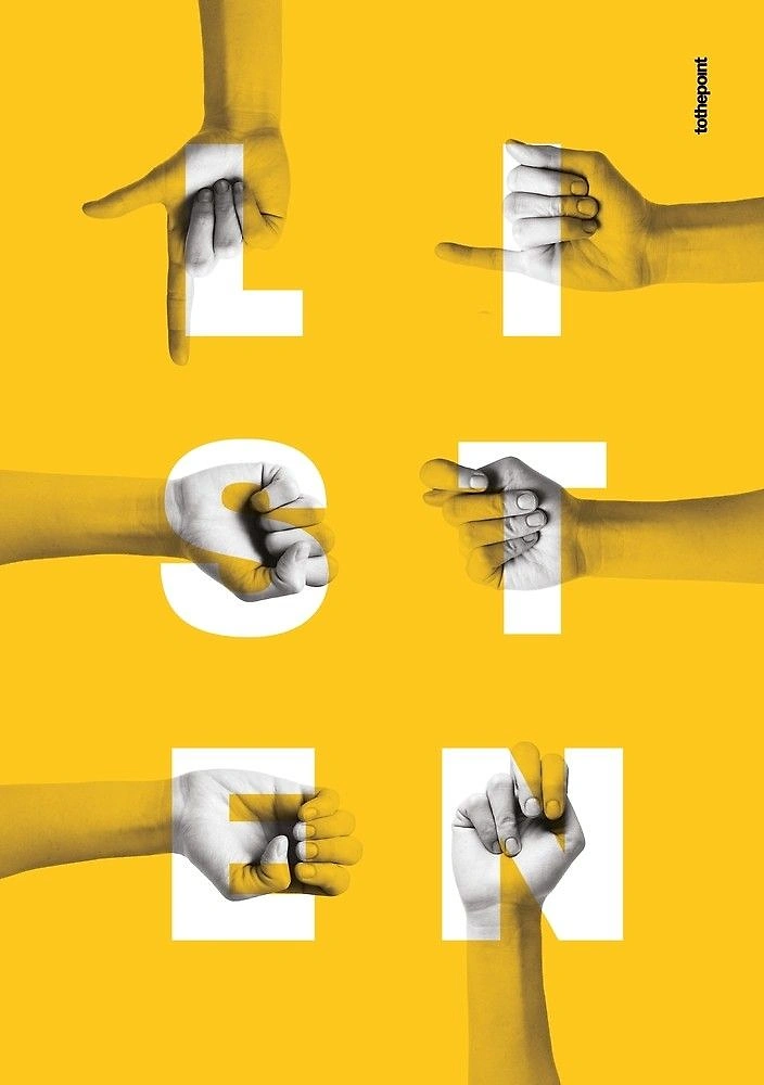 Nonprofit & Social Cause creative ad: Sign-language hand gestures overlapping giant white letters that spell a word