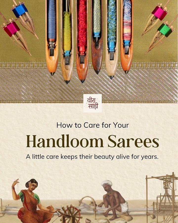 Ethnic Wear & Sarees creative ad: Loom shuttles as illustrated care guide