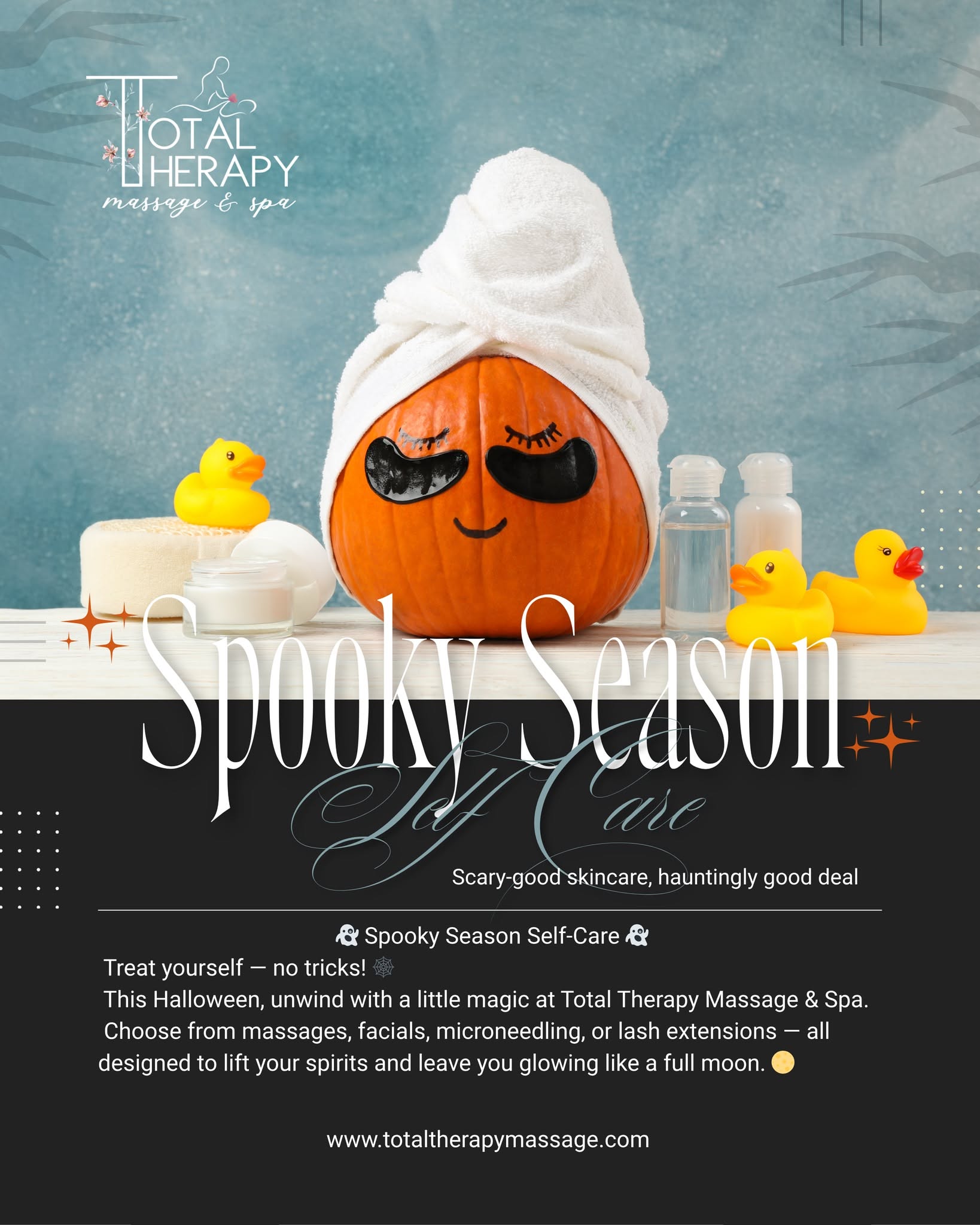 Instagram post: Pumpkin in towel and eye patches, Halloween spa