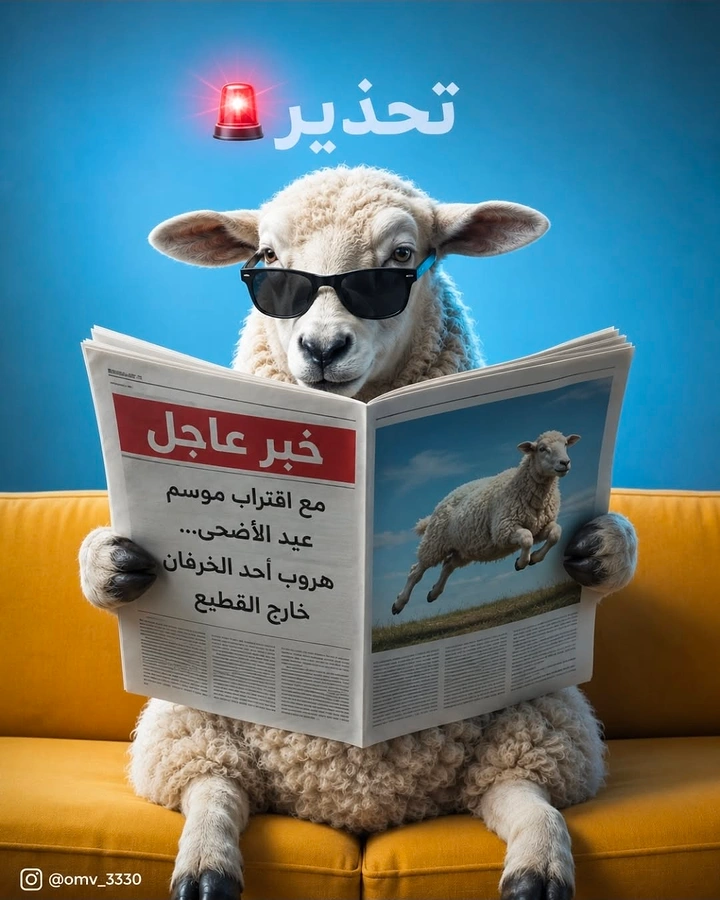 Eid creative ad: Sheep in sunglasses reading a breaking-news newspaper on a sofa