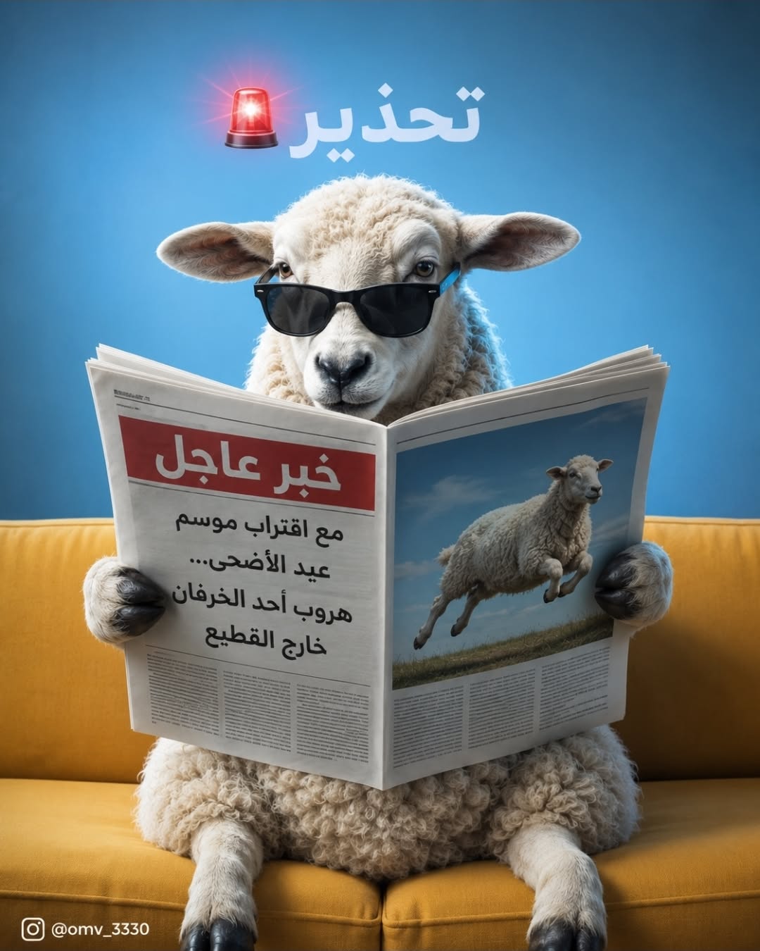 Sheep in sunglasses reading a breaking-news newspaper on a sofa