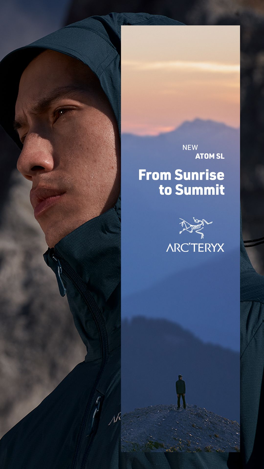 Story: Close-up of hooded man with inset panel of a lone hiker on a summit at dawn