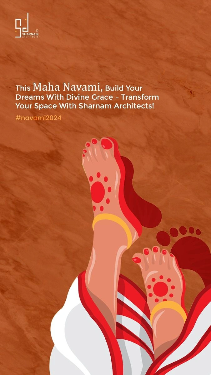 Navratri creative ad: Illustrated goddess feet with red alta and a white-red sari