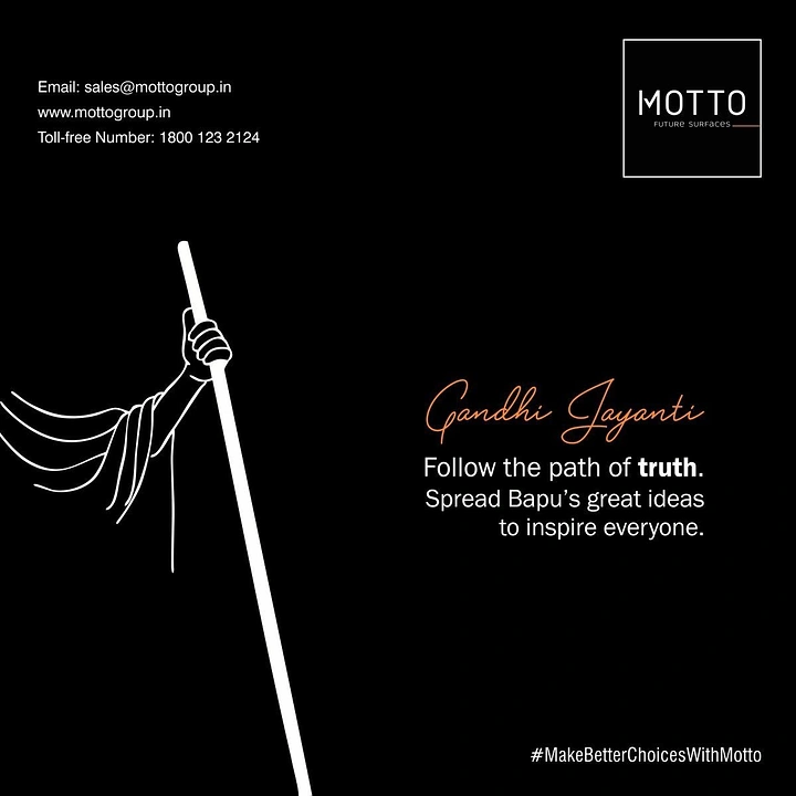 Gandhi Jayanti creative ad: White line-art hand gripping Gandhi's walking stick
