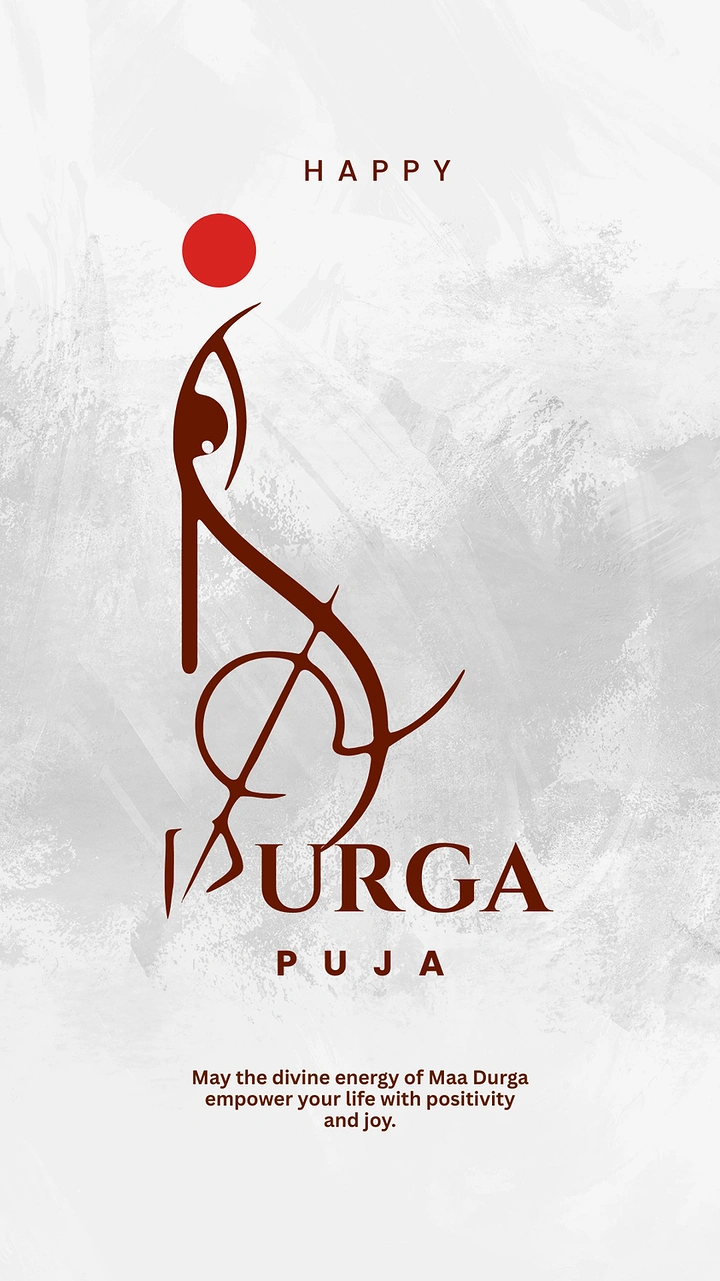 Durga Puja creative ad: Calligraphic line-art of Durga's eye and trishul forming the letter D