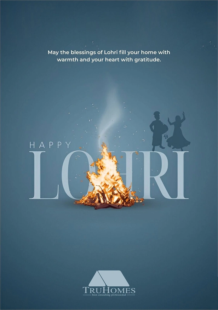 Lohri creative ad: Real bonfire burning in front of large serif LOHRI lettering