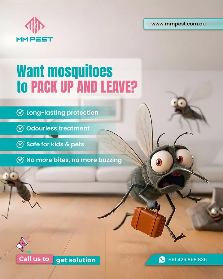 Pest Control creative ad: Mosquito packing suitcase to leave