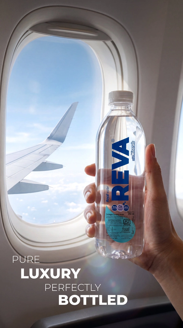 Packaged Drinking Water creative ad: Airplane-window luxury travel metaphor
