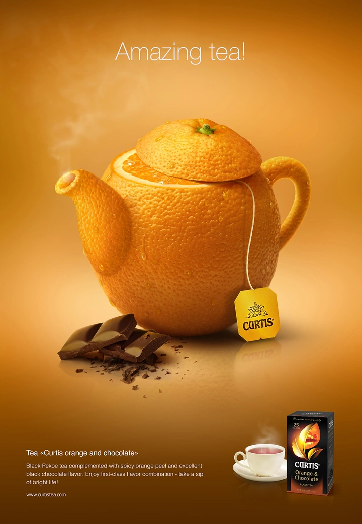 Food & Beverage creative ad: Teapot sculpted from a whole orange with a tea bag