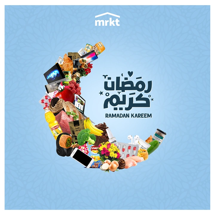Ramadan creative ad: Crescent moon made of groceries, gadgets and flowers