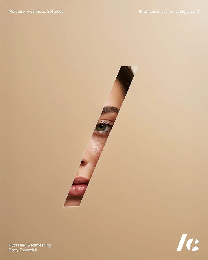 Skincare & Cosmetics creative ad: Woman's face seen through a diagonal slash cut in beige paper
