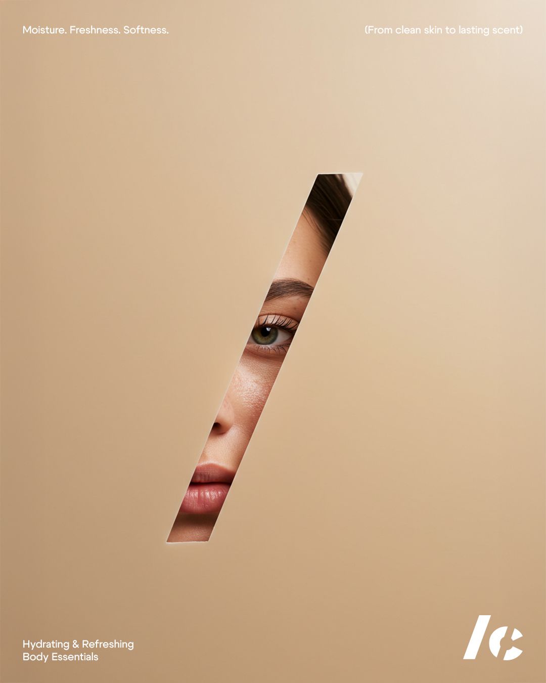 Instagram post: Woman's face seen through a diagonal slash cut in beige paper