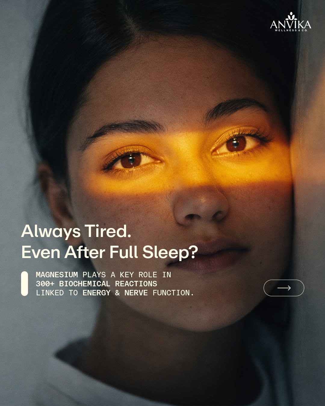 Carousel: Close-up portrait of a woman with a golden light strip across her eyes, slide 1