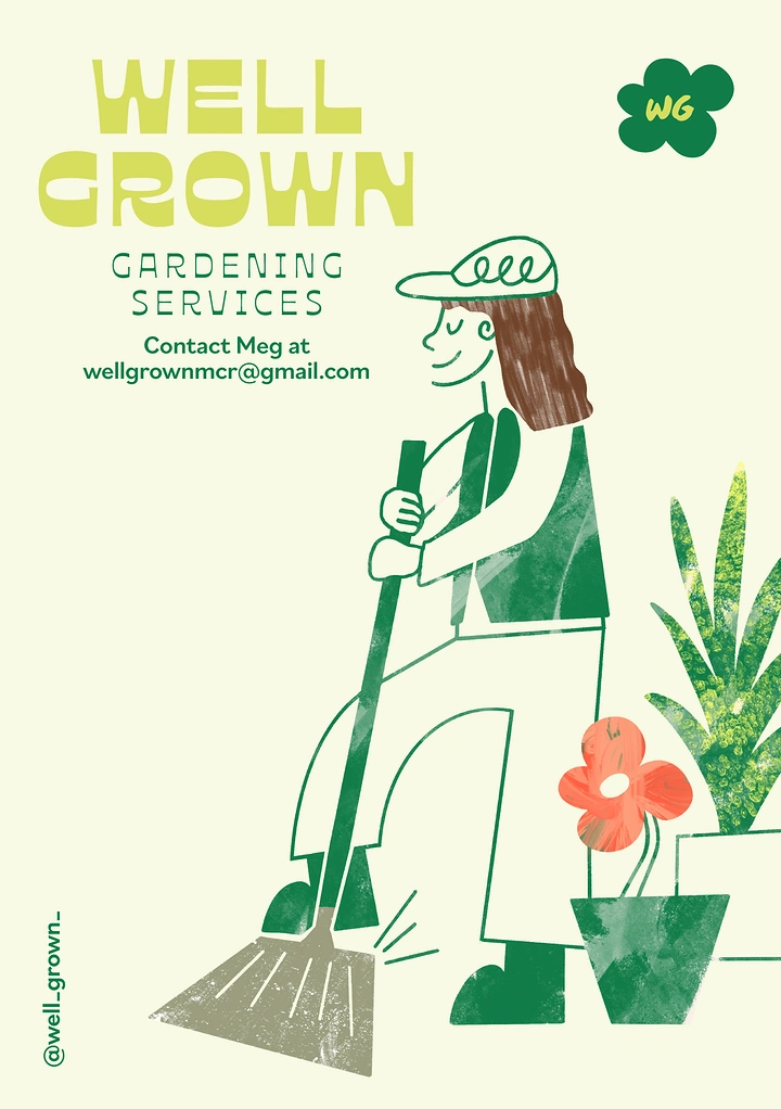 Landscaping & Gardening creative ad: 'Well Grown' illustrated gardener brand pun