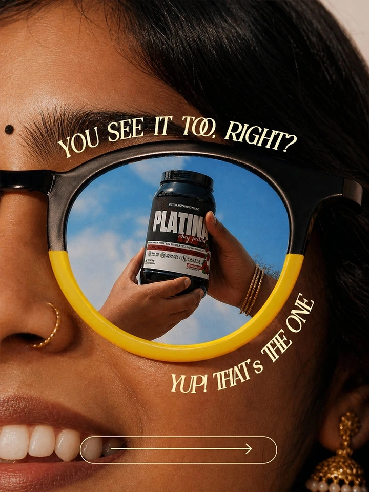 Gym & Fitness creative ad: Extreme close-up of a woman whose sunglass lens reflects hands holding a protein tub