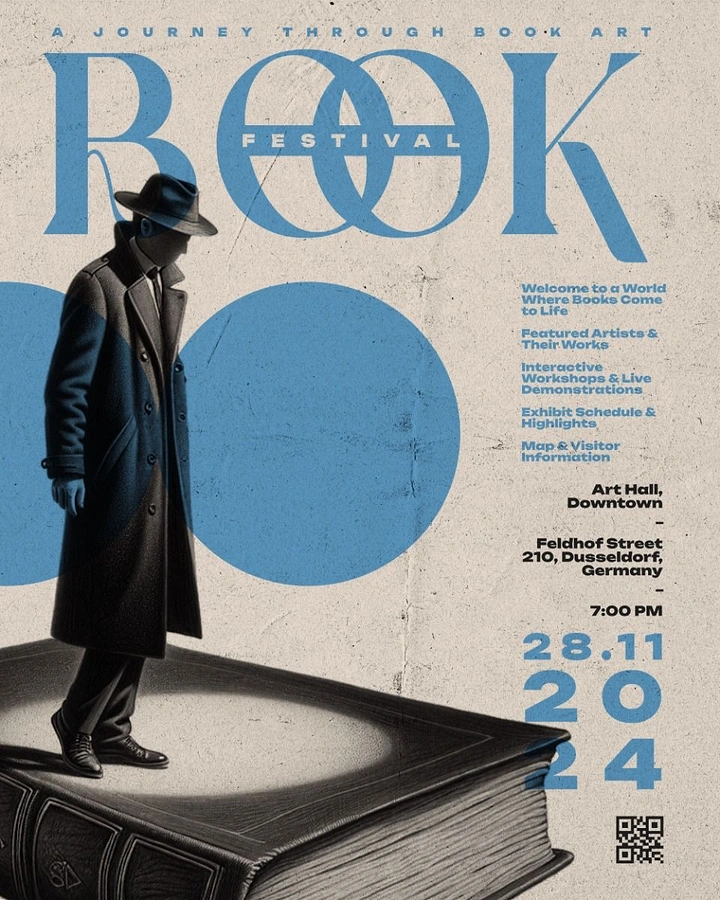 Bookstores creative ad: Surreal tiny man standing on giant book