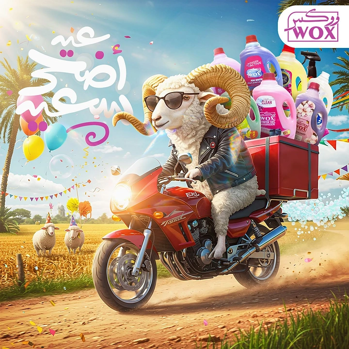 Eid creative ad: Cool ram in a leather jacket riding a red motorcycle loaded with detergent bottles