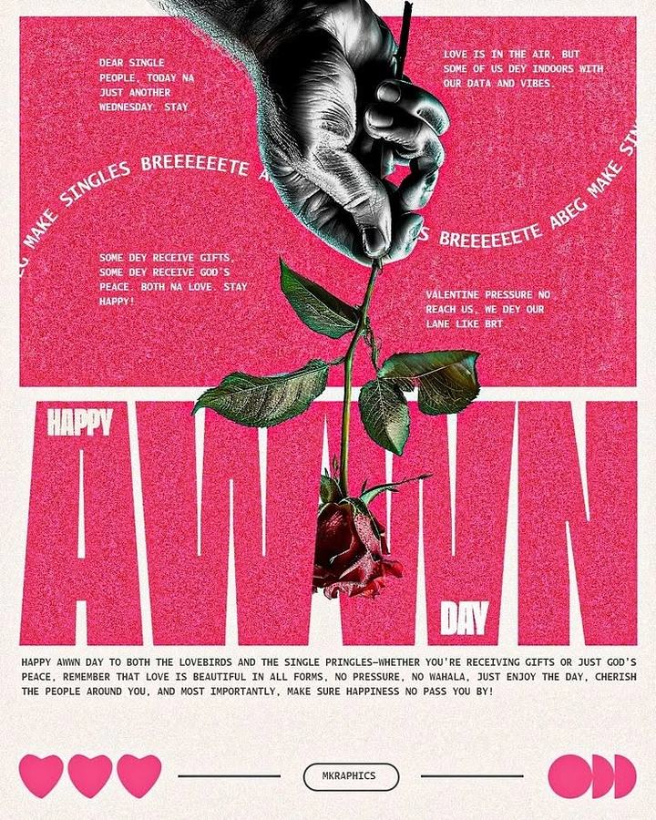 Valentine's Day creative ad: A grayscale hand dangling a red rose over giant condensed type