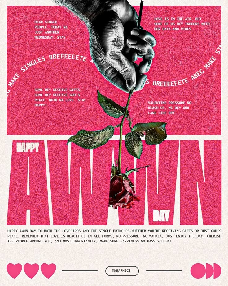 Valentine's Day Instagram post: A grayscale hand dangling a red rose over giant condensed type