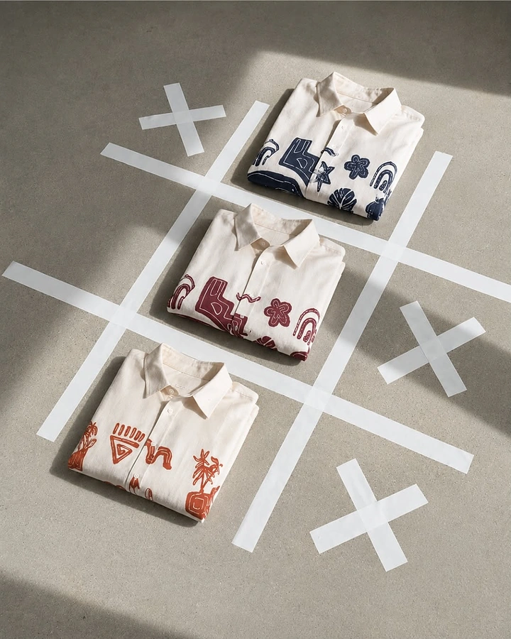 Creative ad: Three folded printed shirts forming a winning tic-tac-toe line