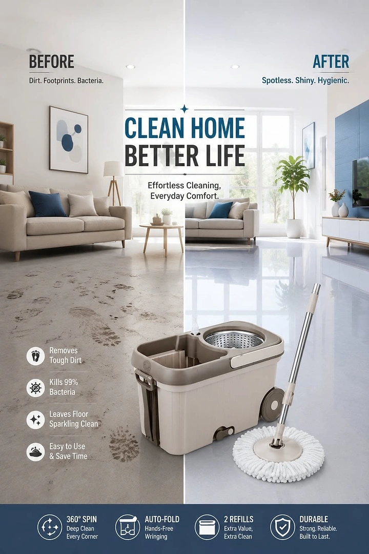 Cleaning Services creative ad: Room split before/after with mop