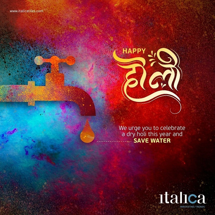 Holi creative ad: A silhouetted water tap dripping a single drop over textured Holi colours