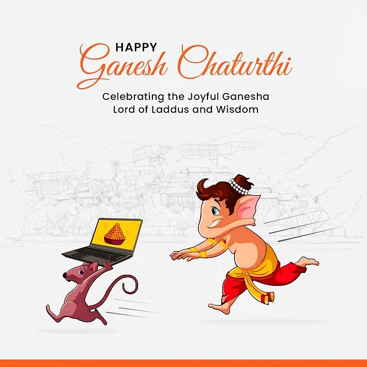 Ganesh Chaturthi creative ad: Cartoon Ganesha chasing mouse carrying laptop showing laddus