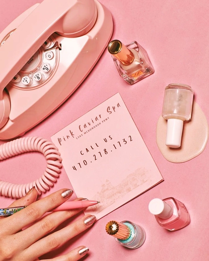 Nail Salons creative ad: Retro pink phone 'call us' flatlay