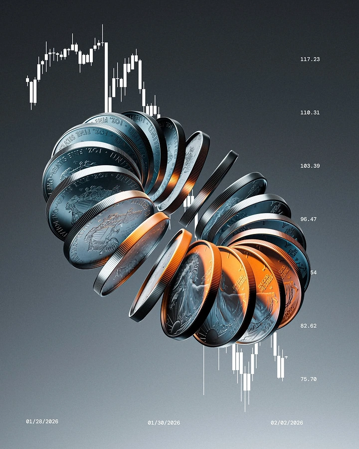 Stock Brokers & Investing creative ad: Spiralling chain of silver bullion coins over a falling candlestick chart