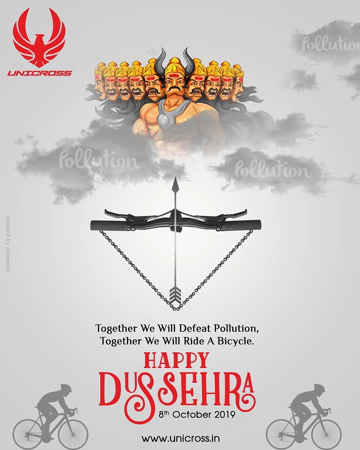 Dussehra creative ad: A bicycle handlebar and chain shaped into a bow, aimed at a ten-headed Ravana in pollution clouds