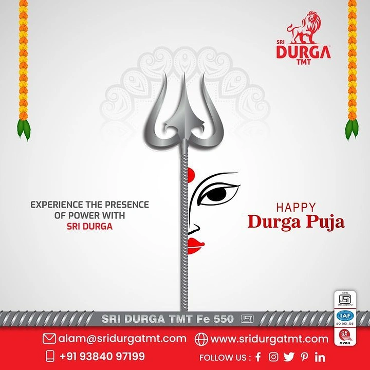 Durga Puja creative ad: Trishul formed from a steel rebar beside half a Durga face