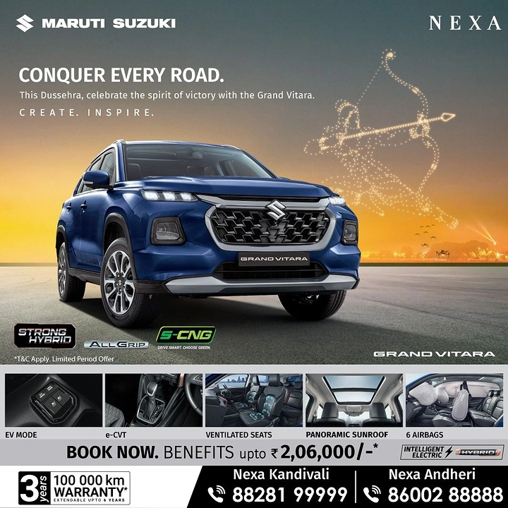 Dussehra creative ad: A blue premium SUV driving toward the viewer on an open road with a glowing dotted archer silhouette in the sunset sky.