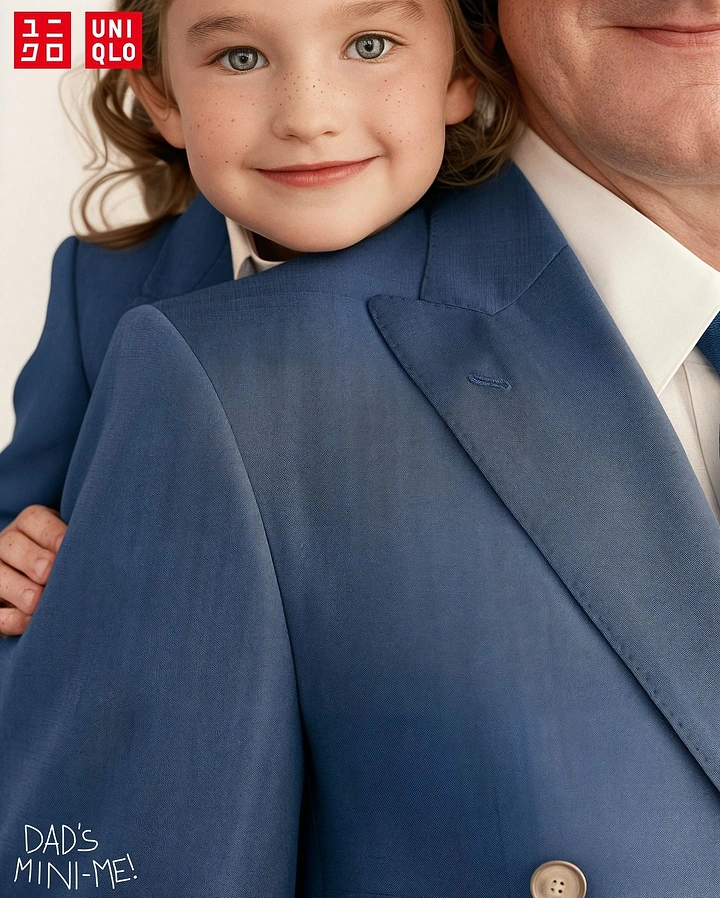 Father's Day creative ad: Child peeking over dad's shoulder, both in matching blue suits