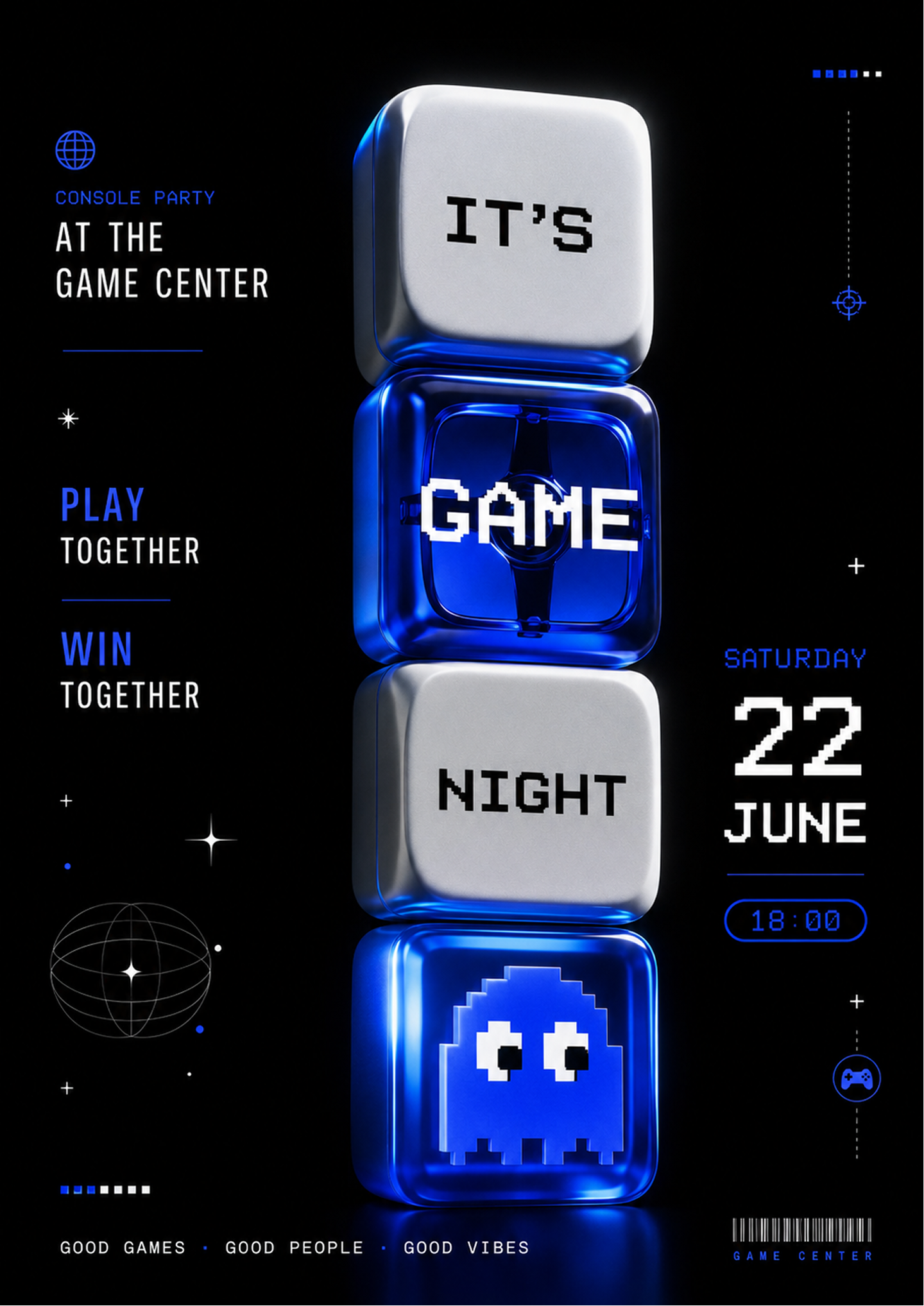 Story: Stacked 3D keycap blocks spell game night