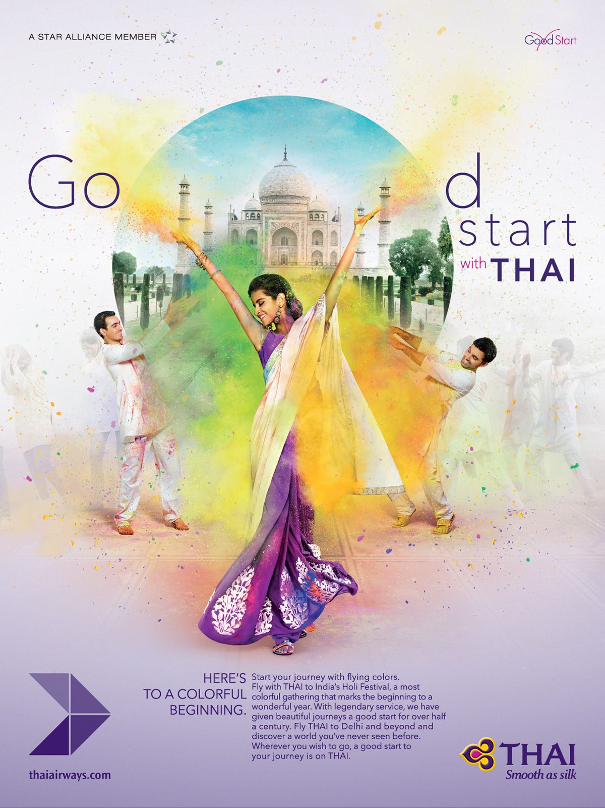 Holi Poster: Woman in purple saree dancing amid Holi colour clouds before a Taj Mahal circle