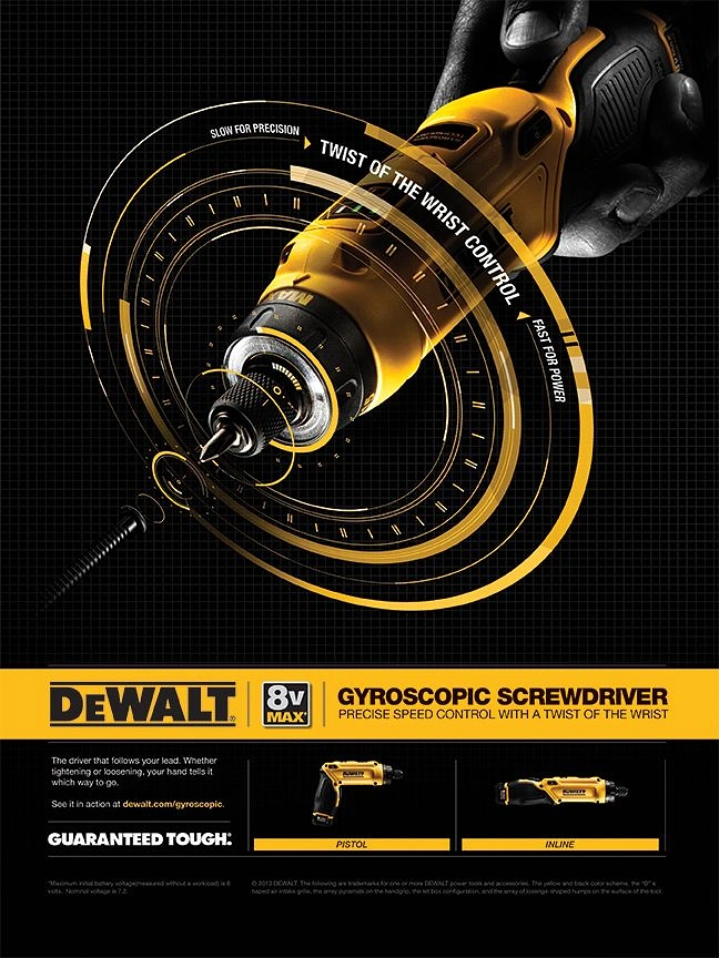 Hardware Stores creative ad: Hand twisting a yellow screwdriver ringed by HUD arcs