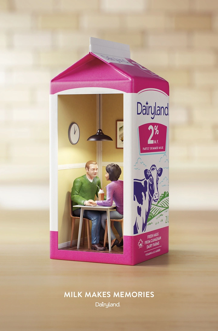 Dairy Brands creative ad: Milk carton cut open to reveal a miniature couple sharing a milkshake