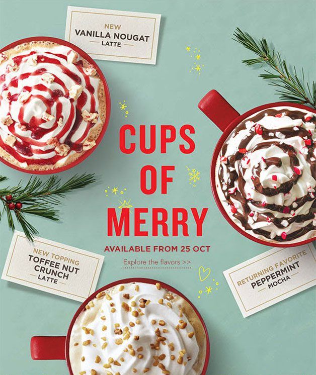 Christmas Instagram post: Overhead view of three holiday lattes in red mugs