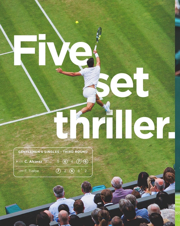 Sports creative ad: Overhead shot of a tennis player lunging on a grass court