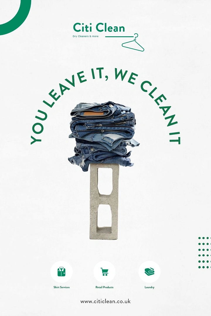 Laundry & Dry Cleaning creative ad: Jeans stacked on cinder block, arc type
