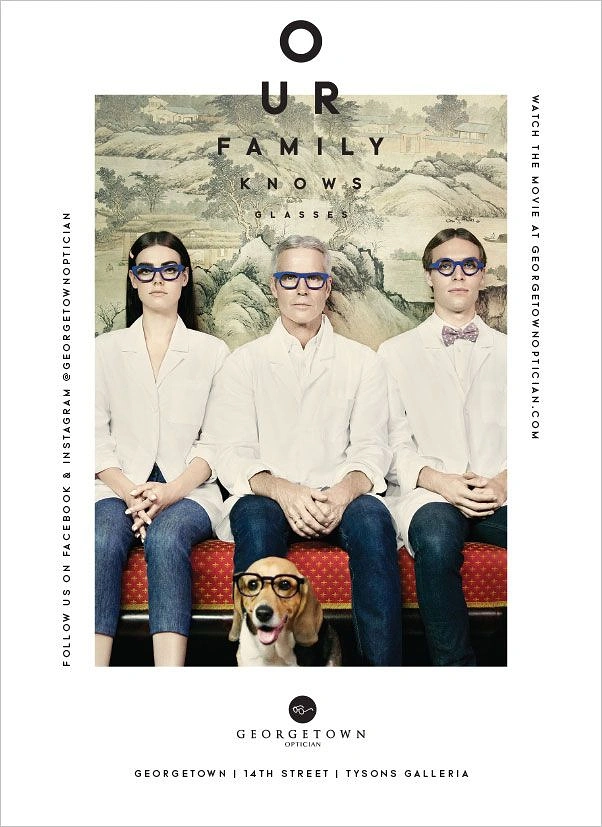 Opticians & Eye Care creative ad: Eye-chart copy, whole family and dog bespectacled